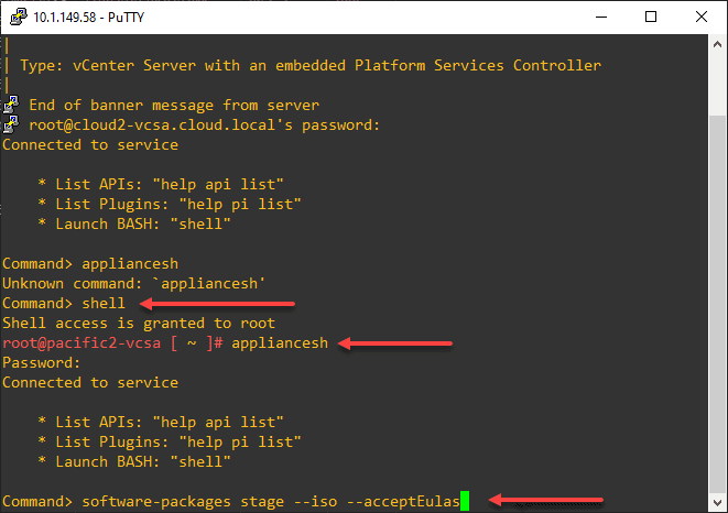 Shelling into the vCenter Server appliance and running the appliancesh command