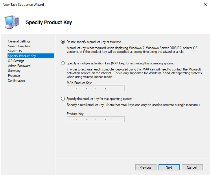 Specify product key settings