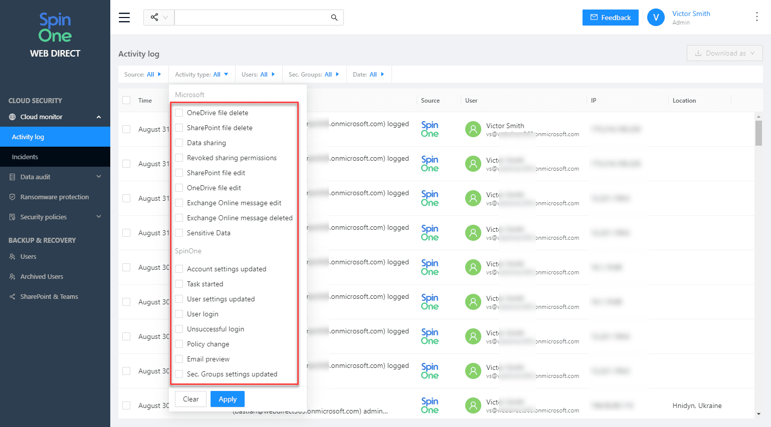 SpinOne activity types for Microsoft 365 cloud monitor