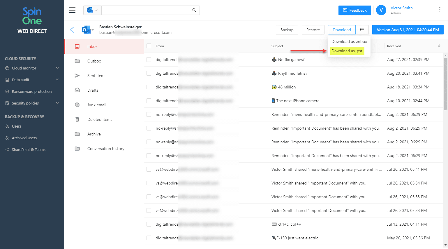 SpinOne allows easily exporting Exchange Online mailboxes to PST