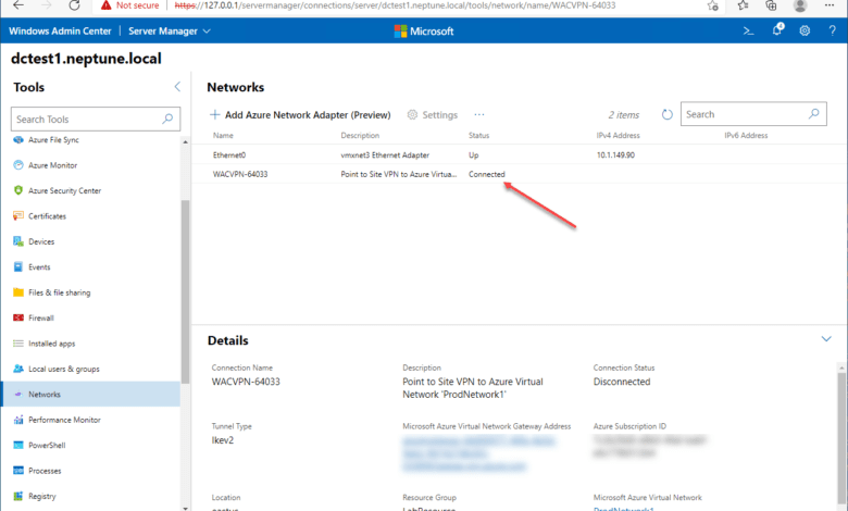 The Azure network adapter is connected successfully