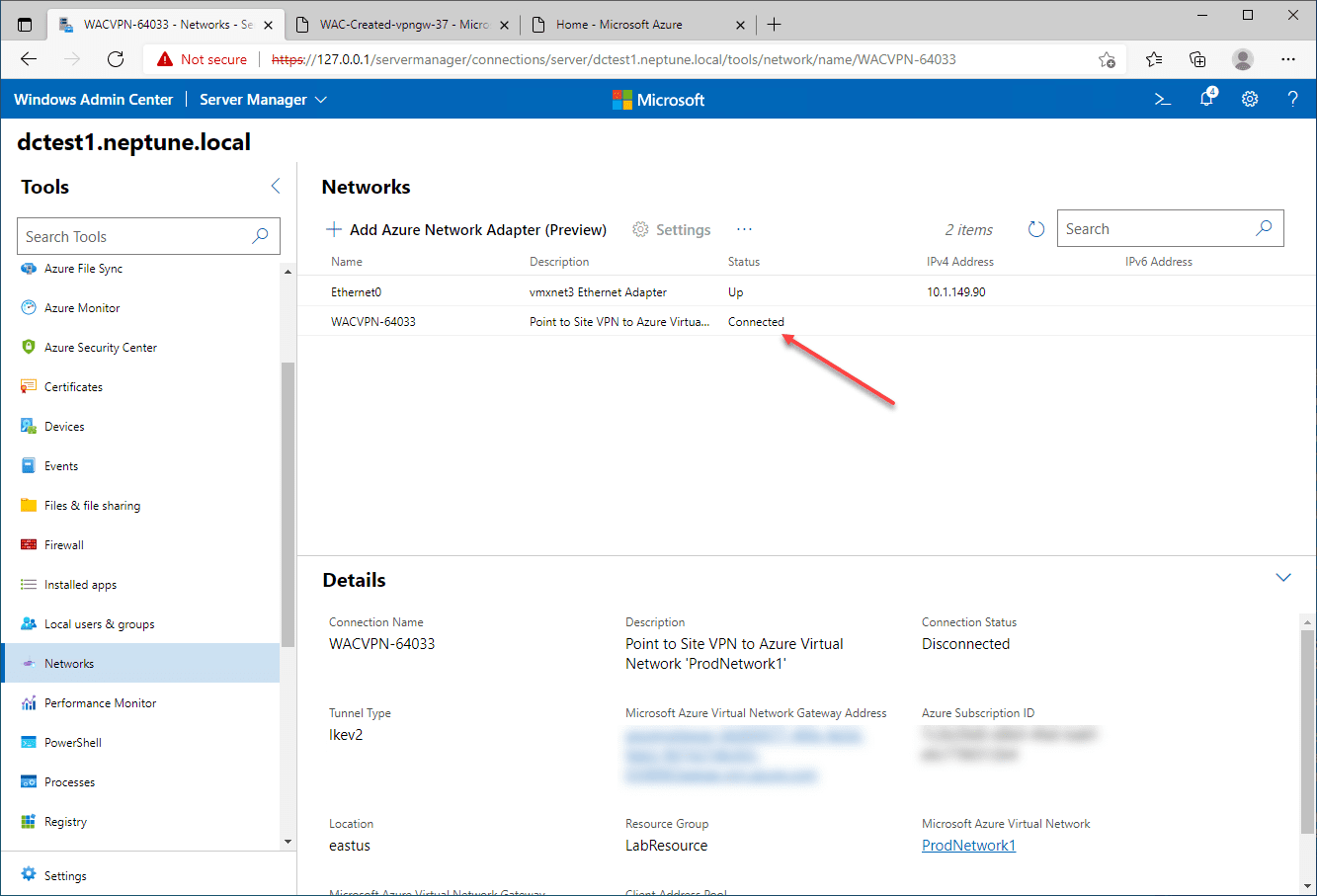 The Azure network adapter is connected successfully