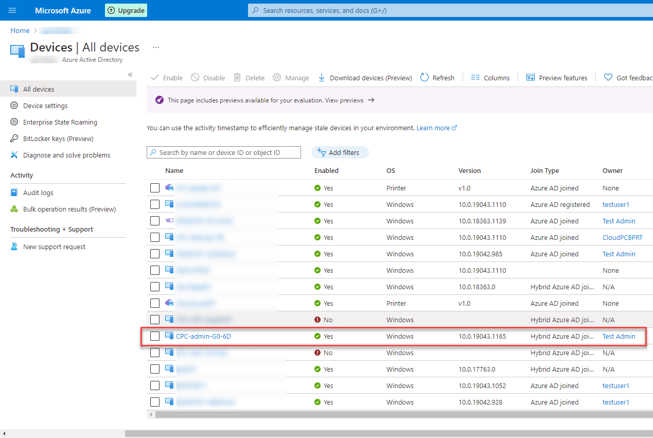 The Windows 365 Enterprise Cloud PC device is created in Azure Active Directory