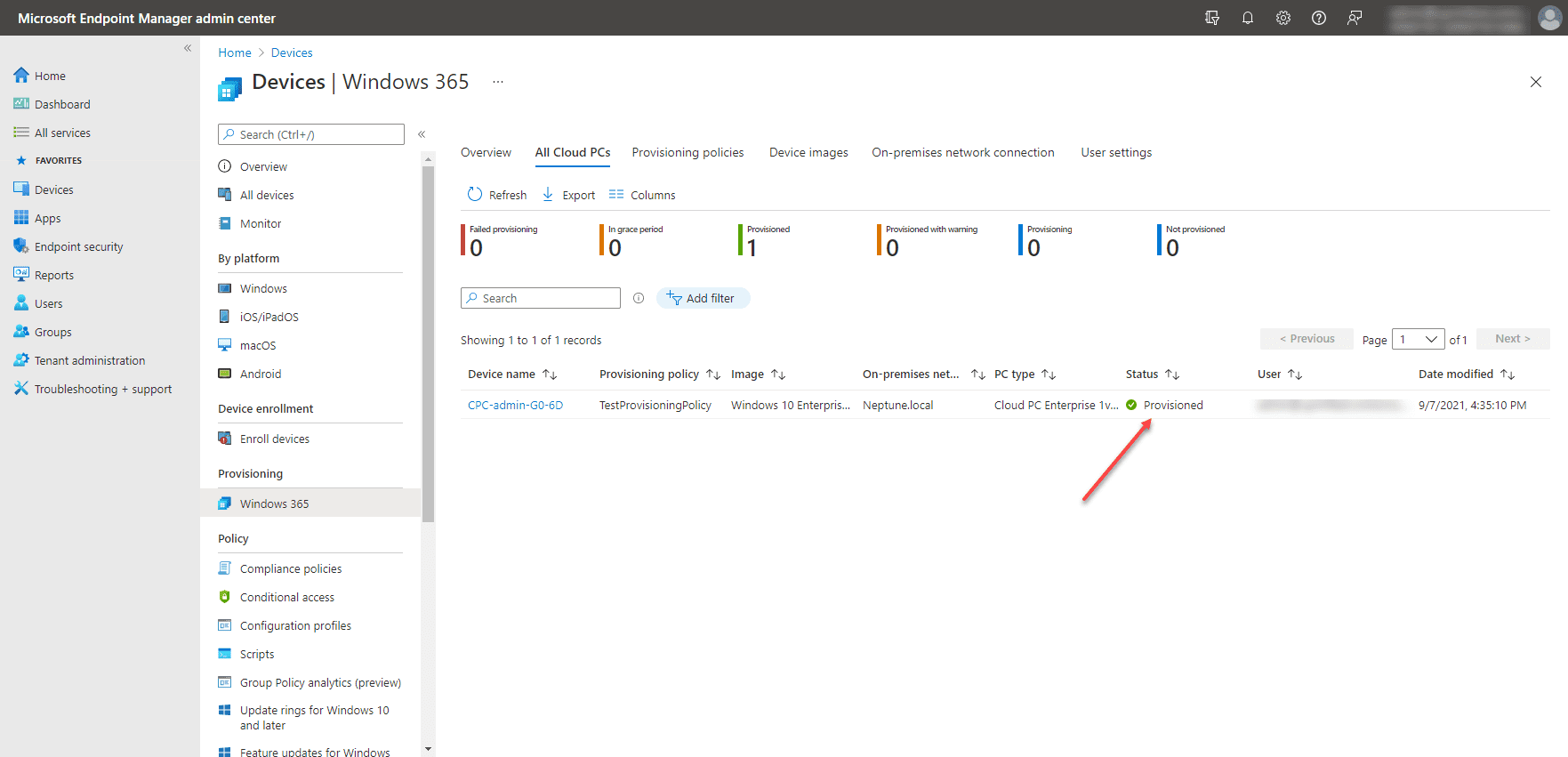 The Windows 365 Enterprise Cloud PC is successfully provisioned