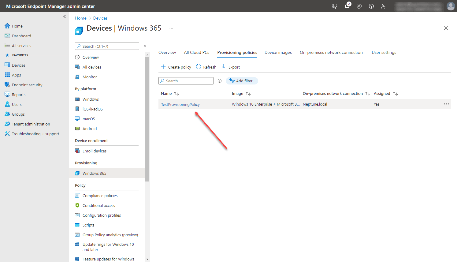 The Windows 365 Enterprise provisioning policy is successfully created