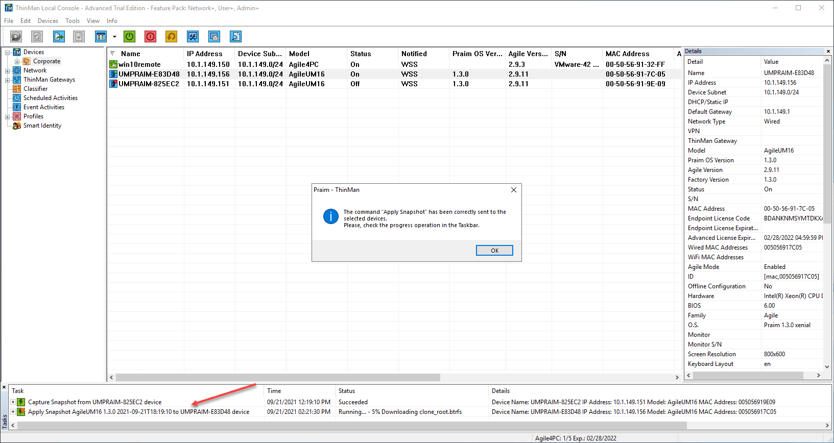 The snapshot apply command is sent to the Agile4Linux device successfully