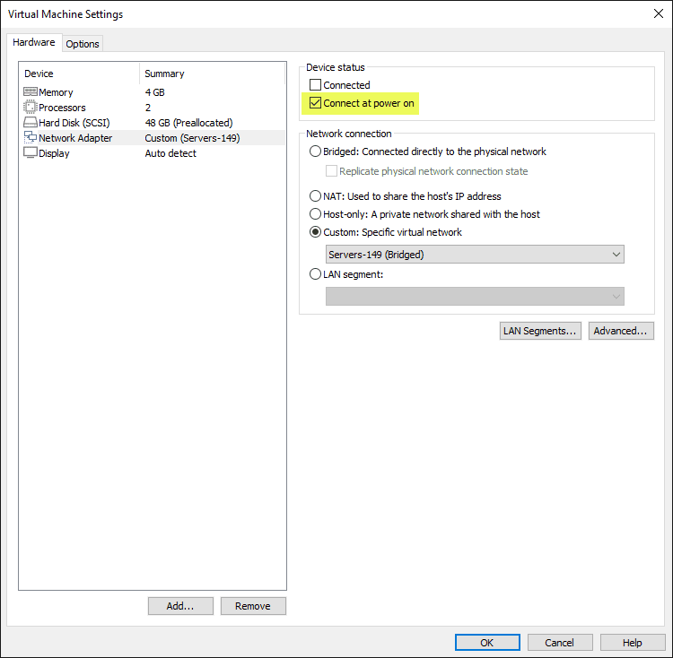 VM set to connect at power on but no network connectivity