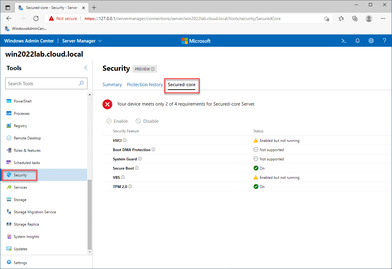 Viewing Secured Core configuration in Windows Server 2022