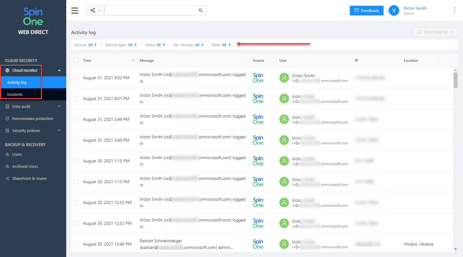 Viewing cloud monitor activity log using SpinOne