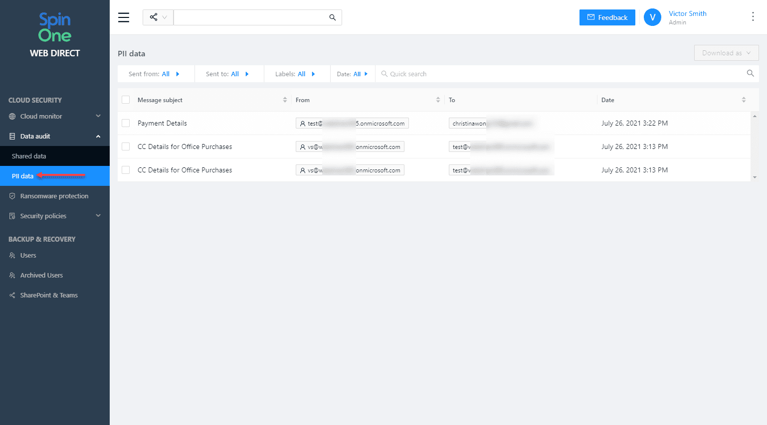 Viewing the PII dashboard