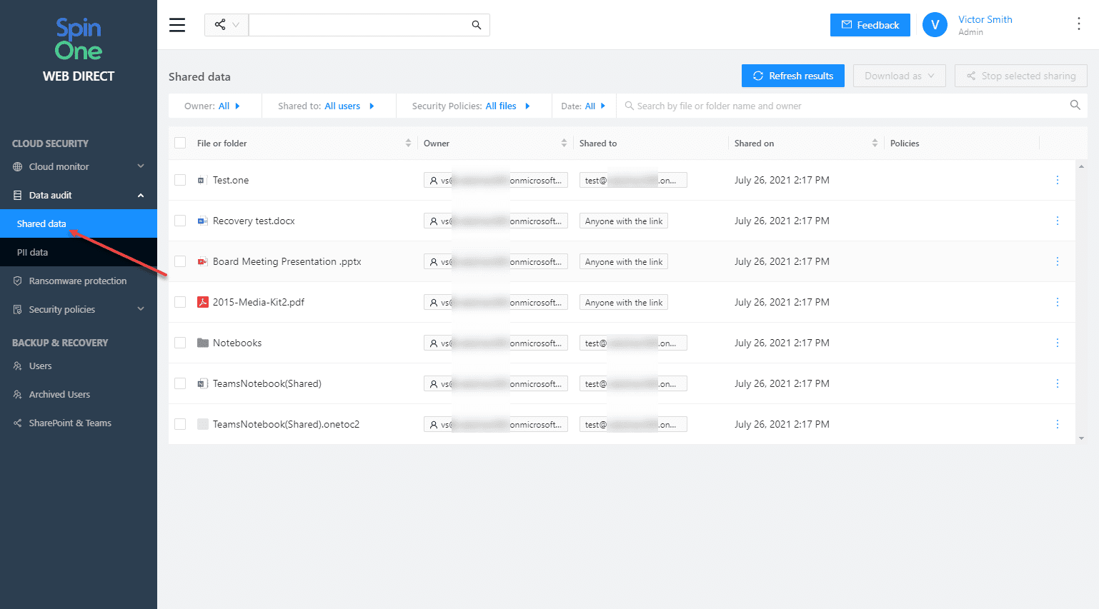 Viewing the SpinOne Shared Data dashboard