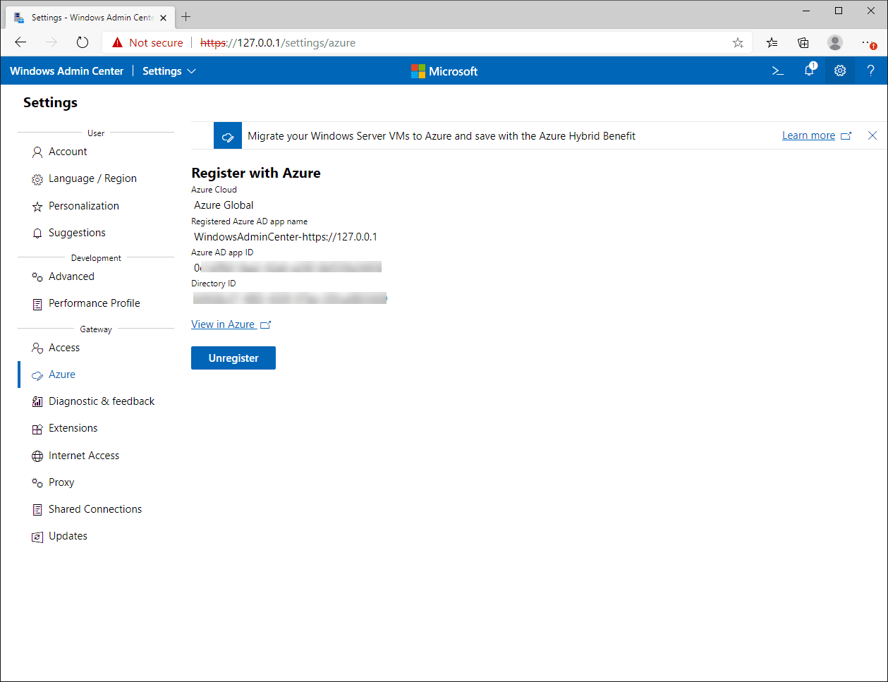 Windows Admin Center is registered with Azure