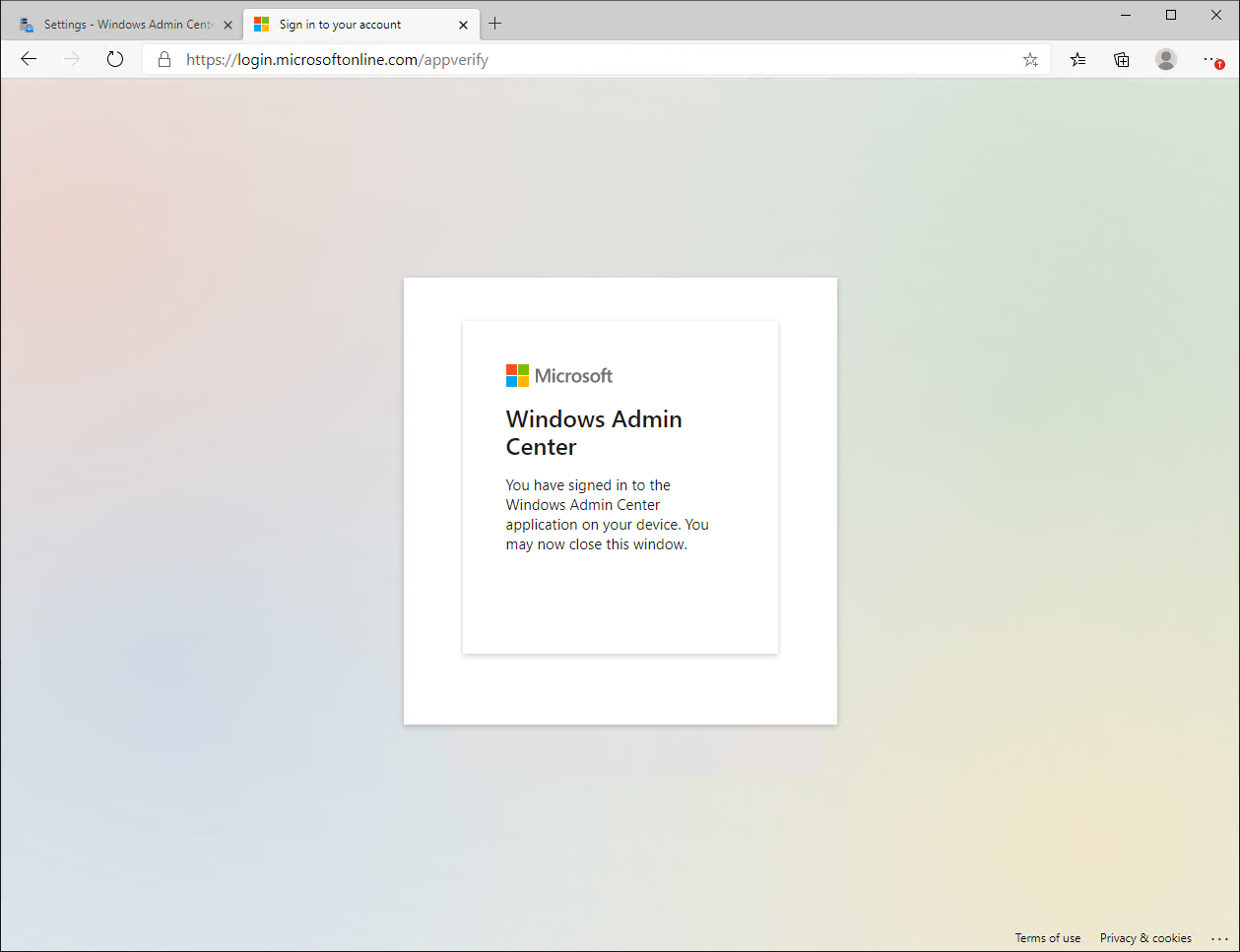 You have signed into Azure with Windows Admin Center