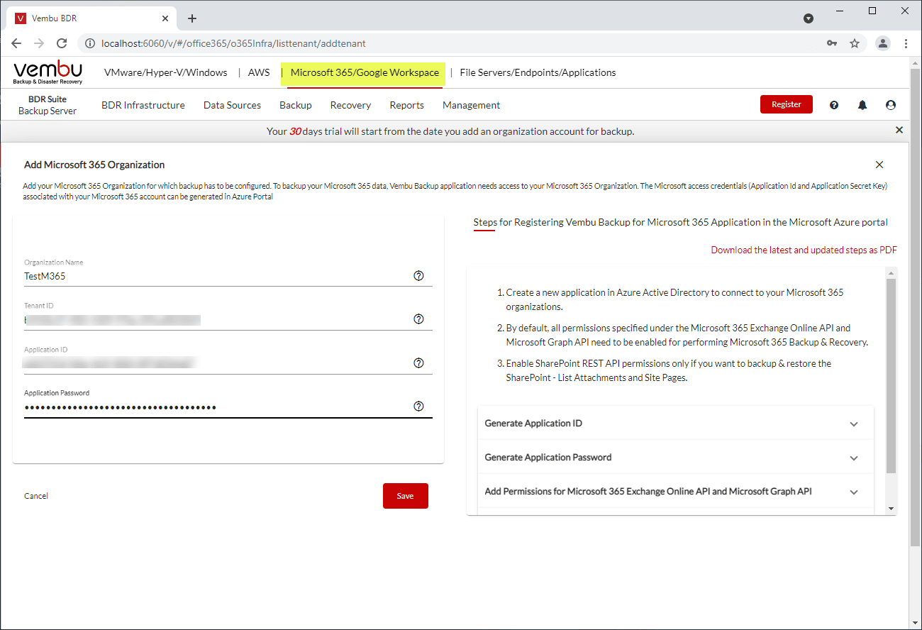 Add the Microsoft 365 environment to Vembu BDR Suite v5.0