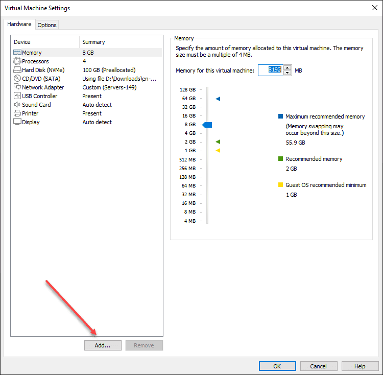 Adding new hardware to Windows 11 virtual machine in VMware Workstation