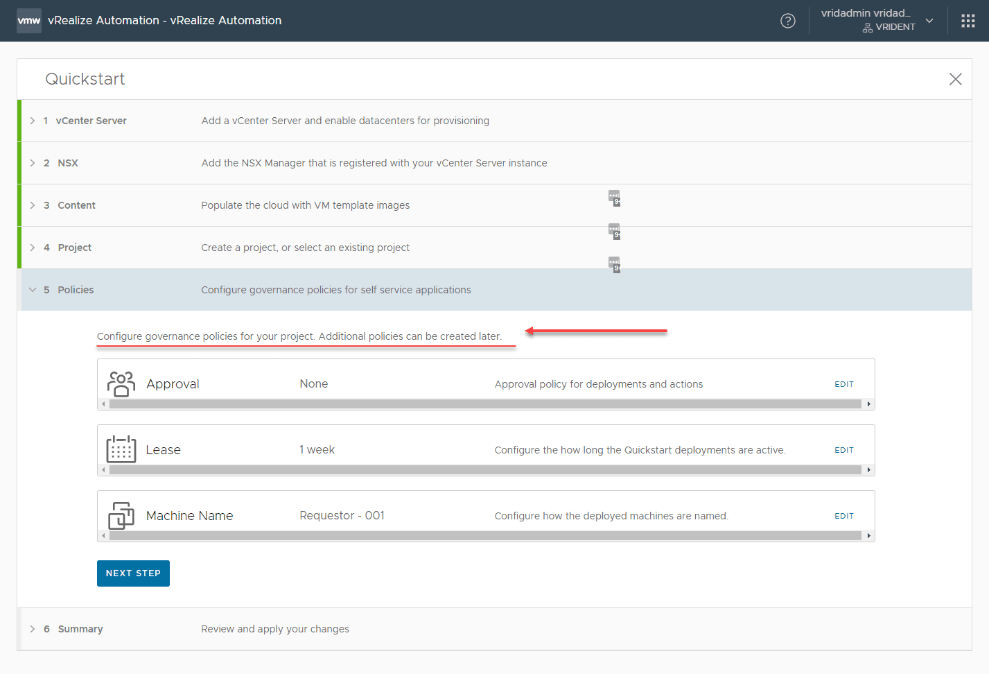 Assign policies to the new project