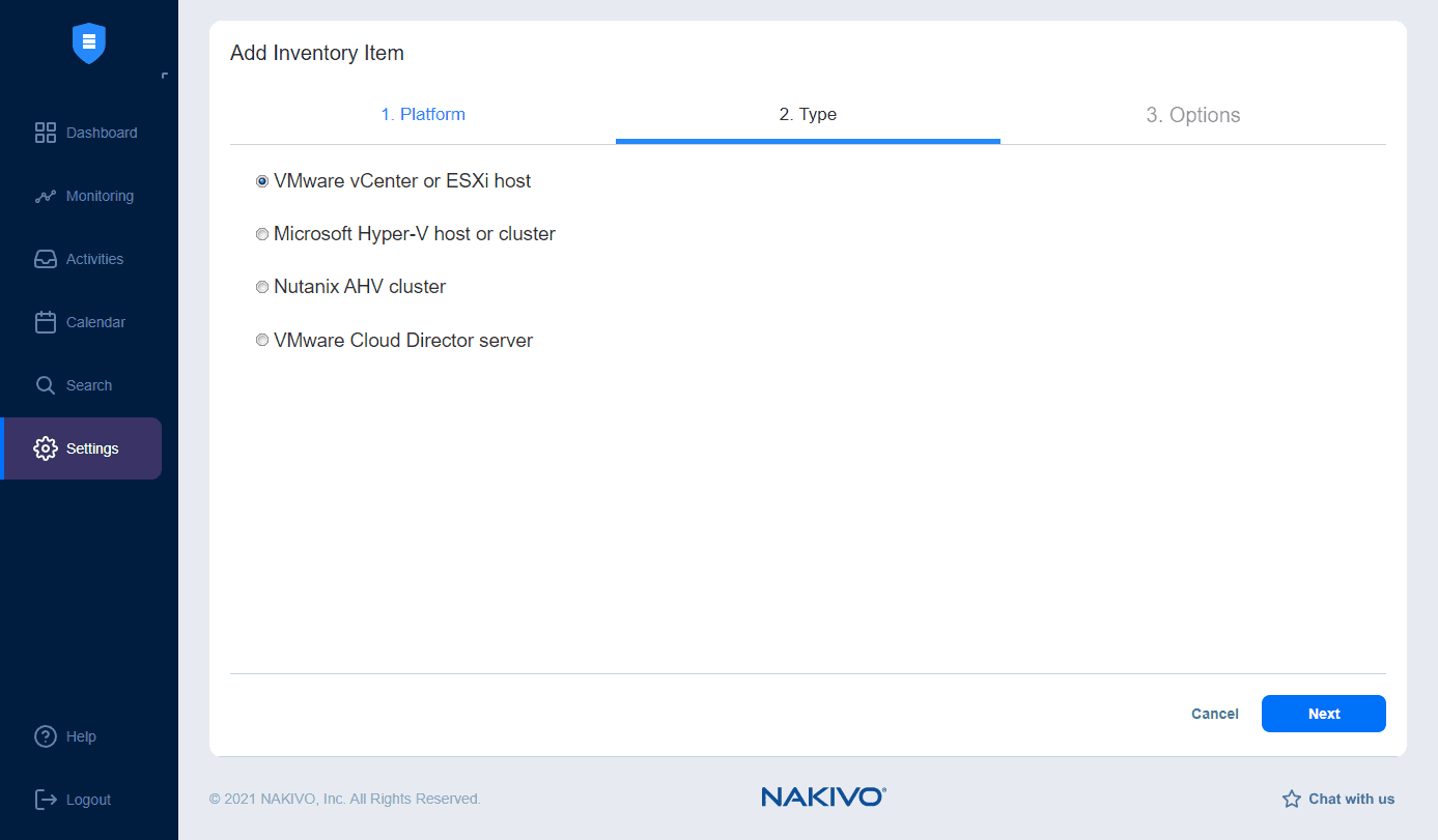 Begin the process to add your VMware environment to NAKIVO
