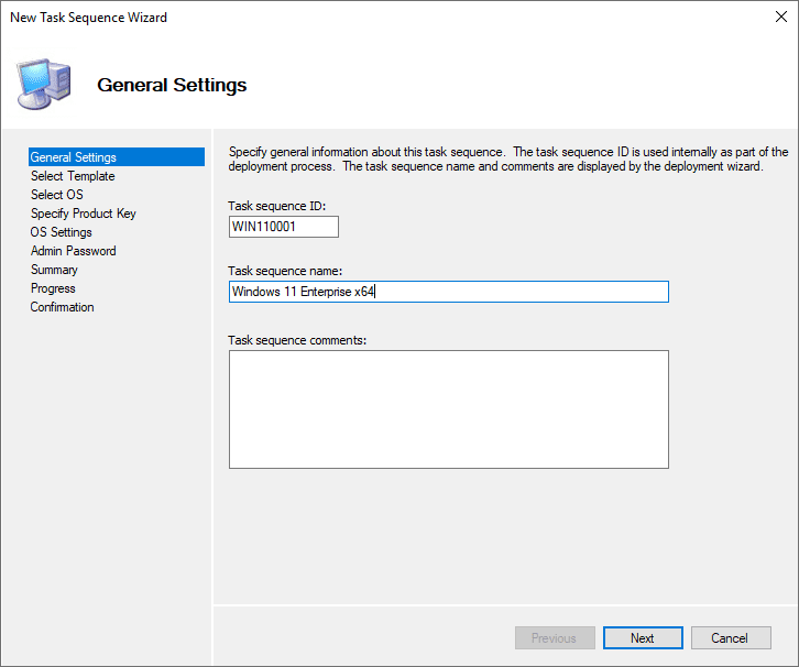 Beginning the new task sequence wizard for Windows 11