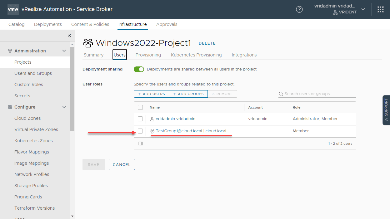 Checking permissions on an existing project in the Service Broker