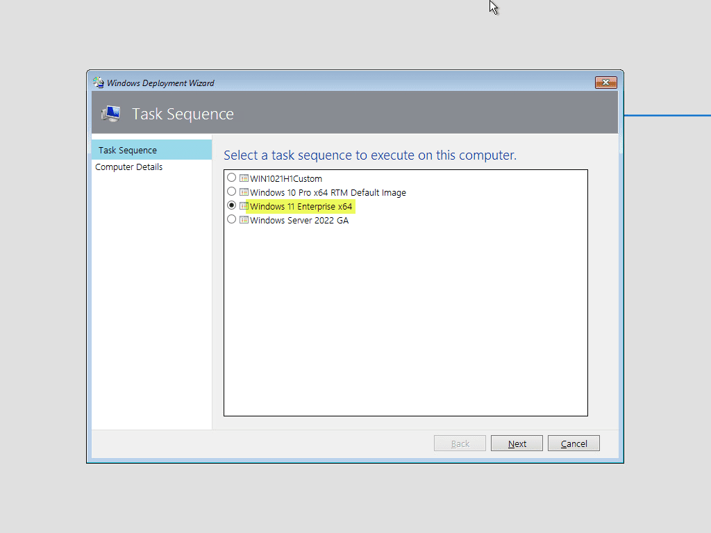 Choosing the Windows 11 task sequence