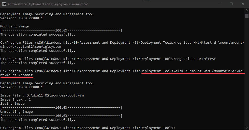 Commit the changes to the boot.wim file