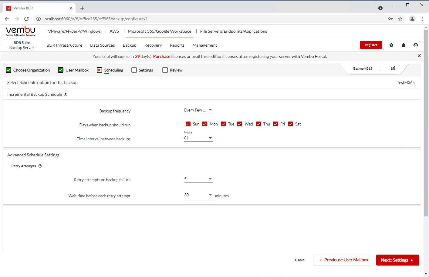 Configure the Microsoft 365 backup job scheduling