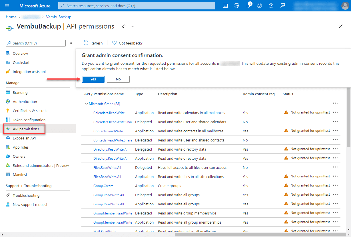 Confirm granting admin consent for backing up M365