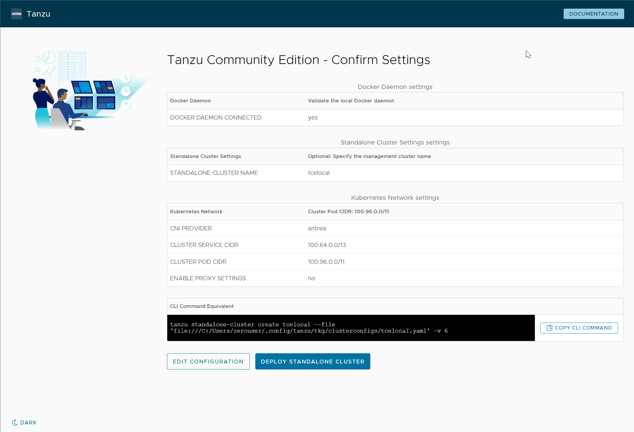 Confirm the Tanzu Community Edition standalone cluster configuration settings