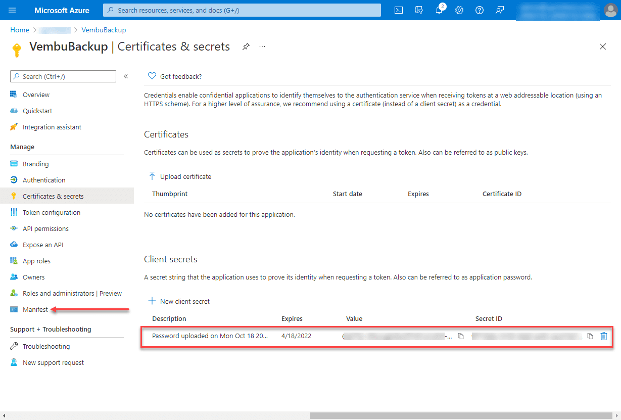 Copy the details of the app Vembu app registration password in Azure AD