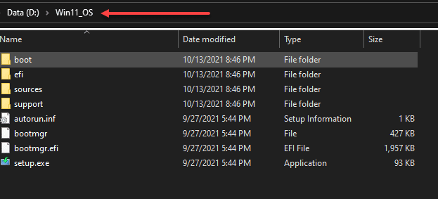 Create a folder and copy the contents of the Windows 11 GA ISO to this folder