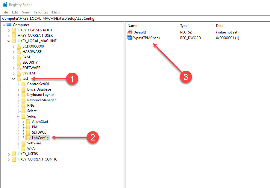 Create the BypassTPMCheck DWORD entry 1