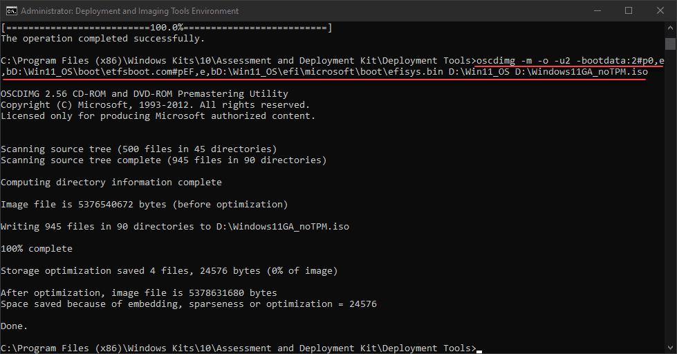 Create the custom Windows 11 ISO using the OSCDIMG command