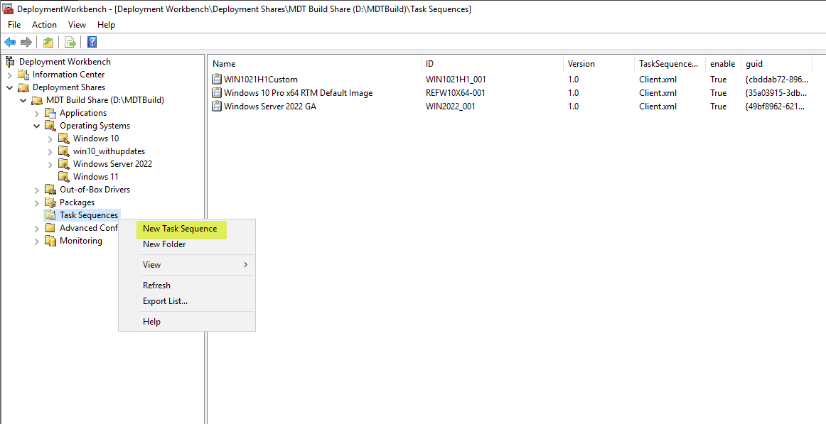 Creating a new task sequence for Windows 11 deployment in MDT