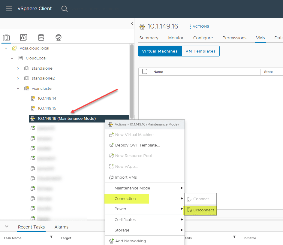 Disconnect a VMware vSAN host from vCenter