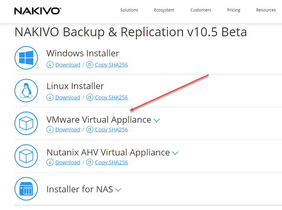 Downloading the NAKIVO Backup Replication v10.5 beta VA virtual appliance