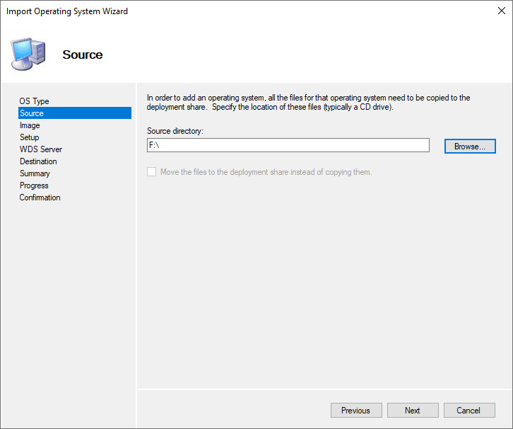 Drive letter is chose and ready to move forward for Windows 11 source files in MDT