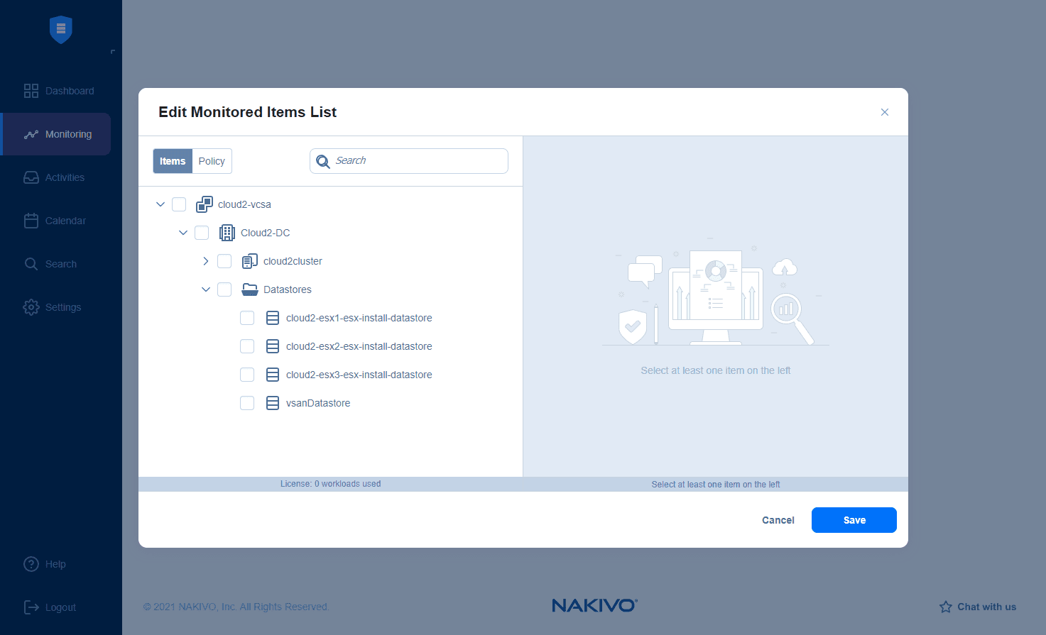 Edit Monitored List in the NAKIVO monitoring module