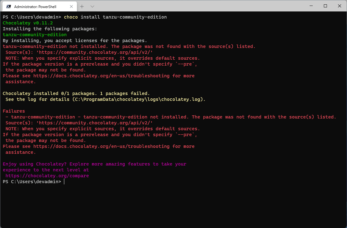 Error using Chocolatey to install VMware Tanzu Community Edition