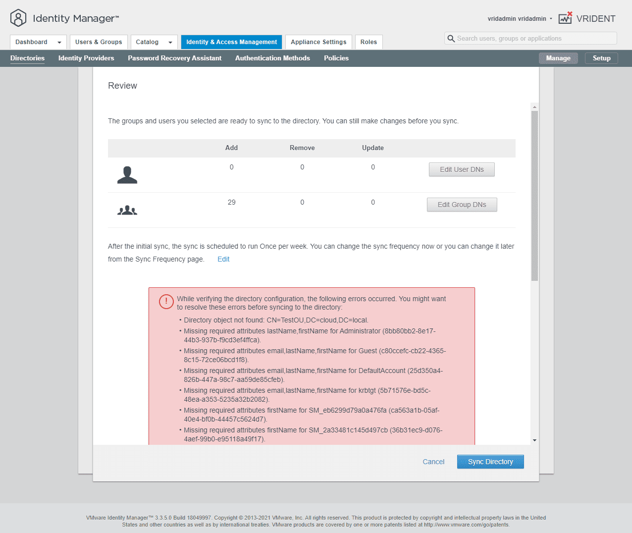 Errors related to required VMware Identity Manager attributes