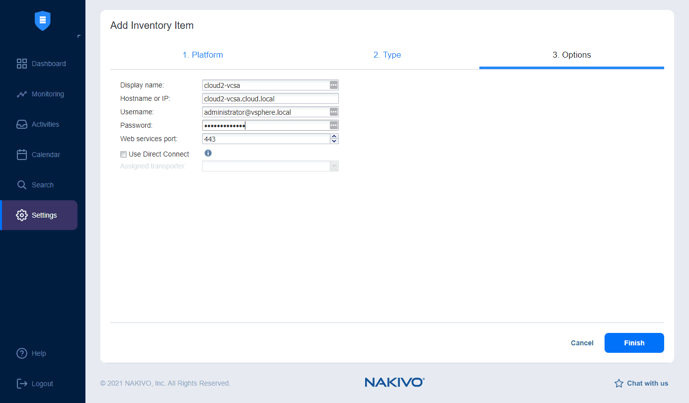 Finishing out adding the vSphere environment to NAKIVO