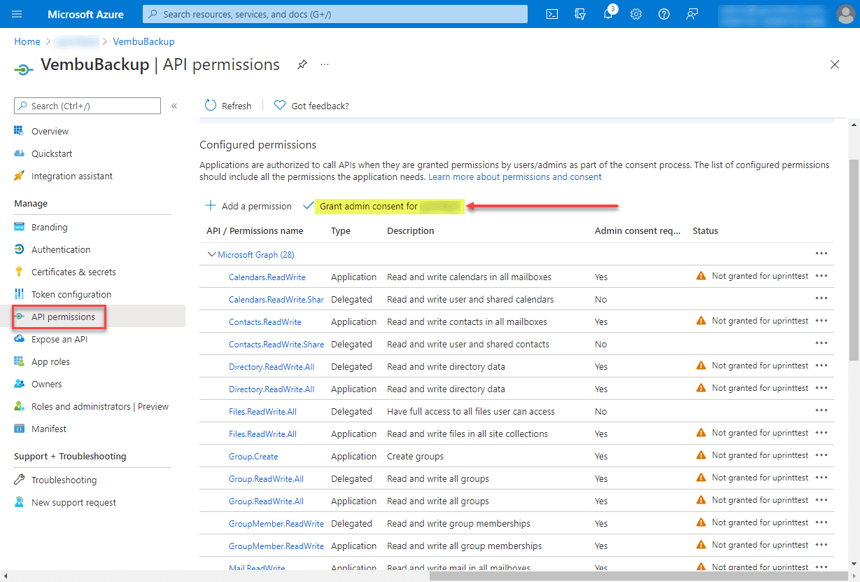 Grant admin consent for your API registration for Vembu backup for M365