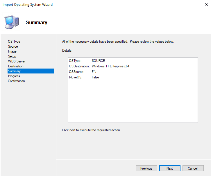 Import Windows 11 operating system summary screen