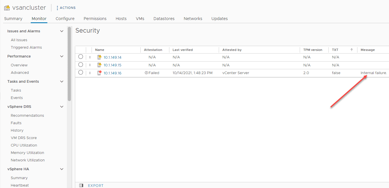 Internal failure on host attestation