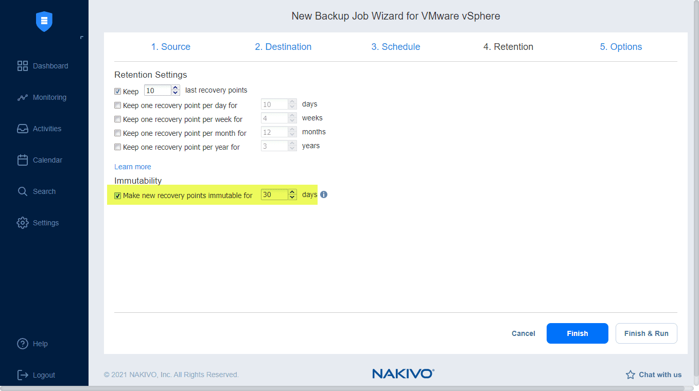 NAKIVO Backup and Replication provides immutable backups