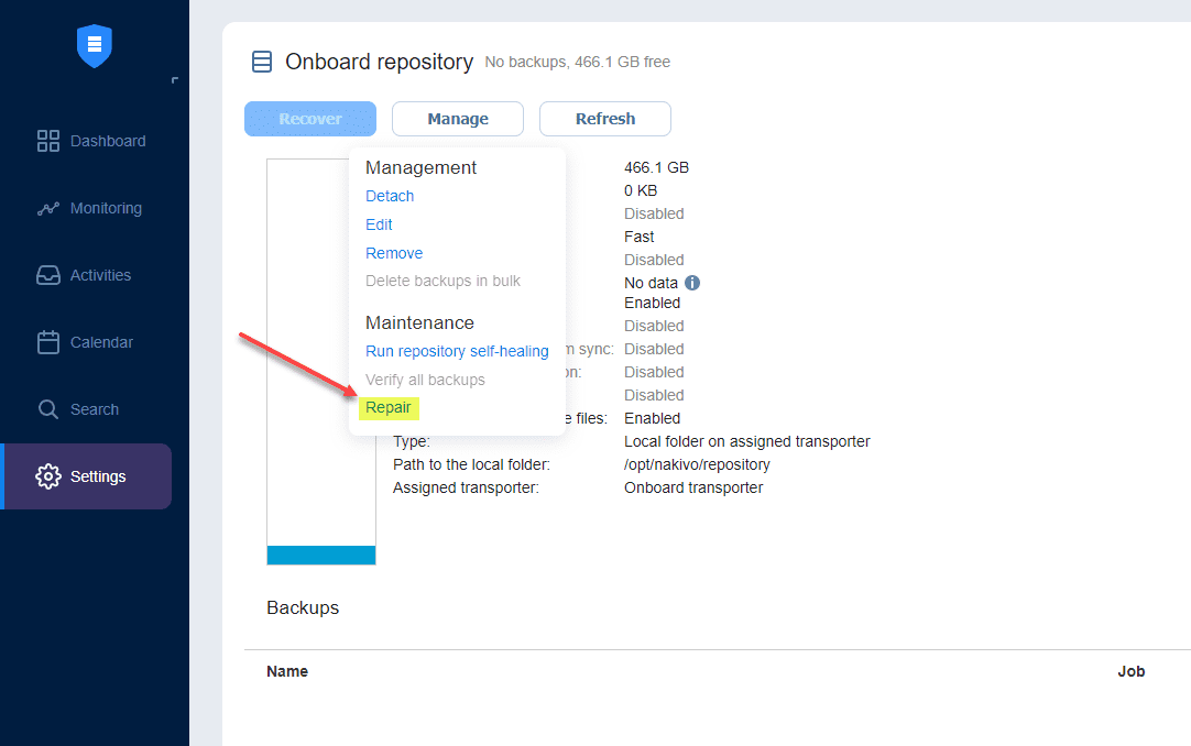 NAKIVO allows repairing a backup repository even with physical files deleted