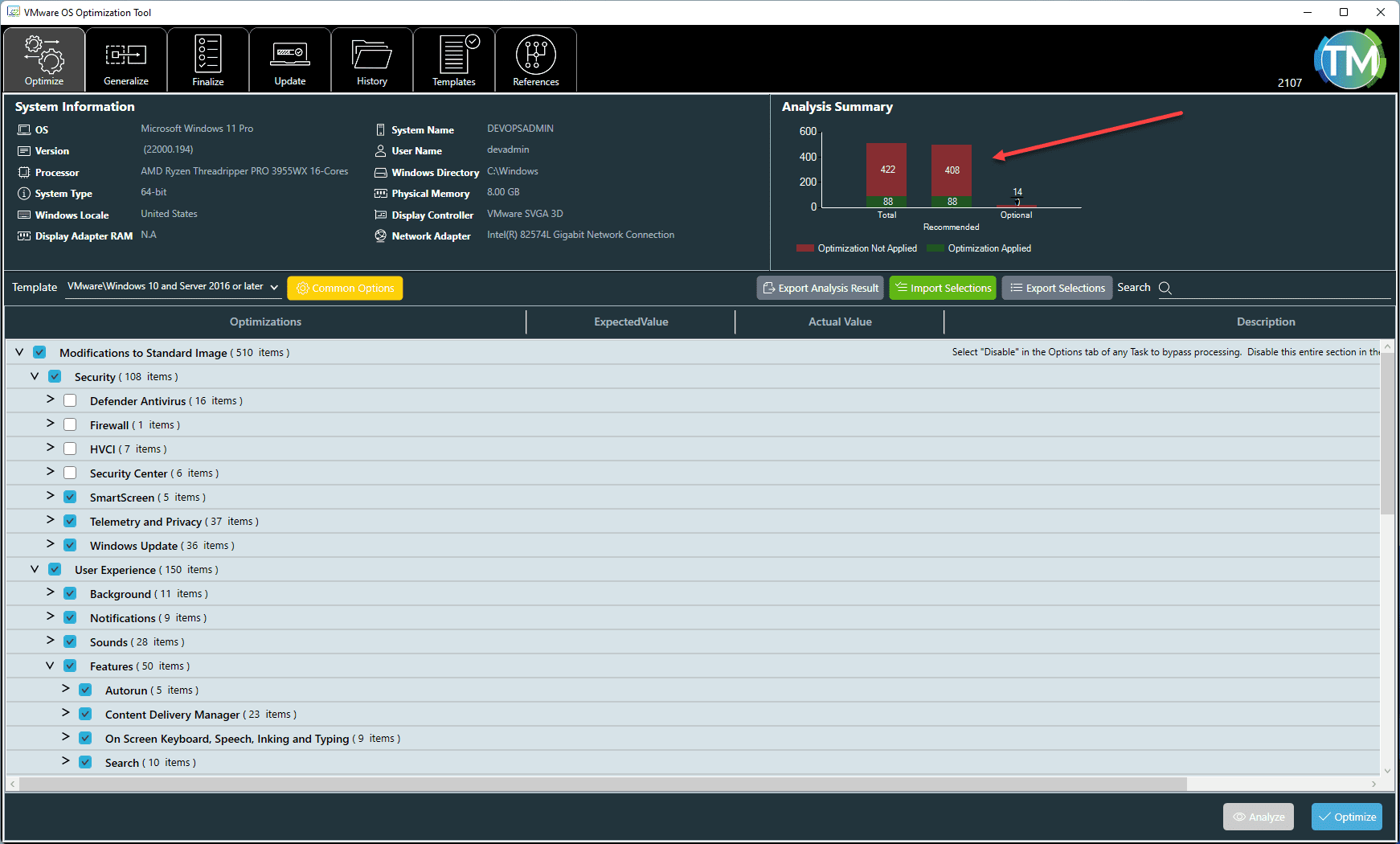 Optimizations found for Windows 11 using the VMware OS Optimization Tool