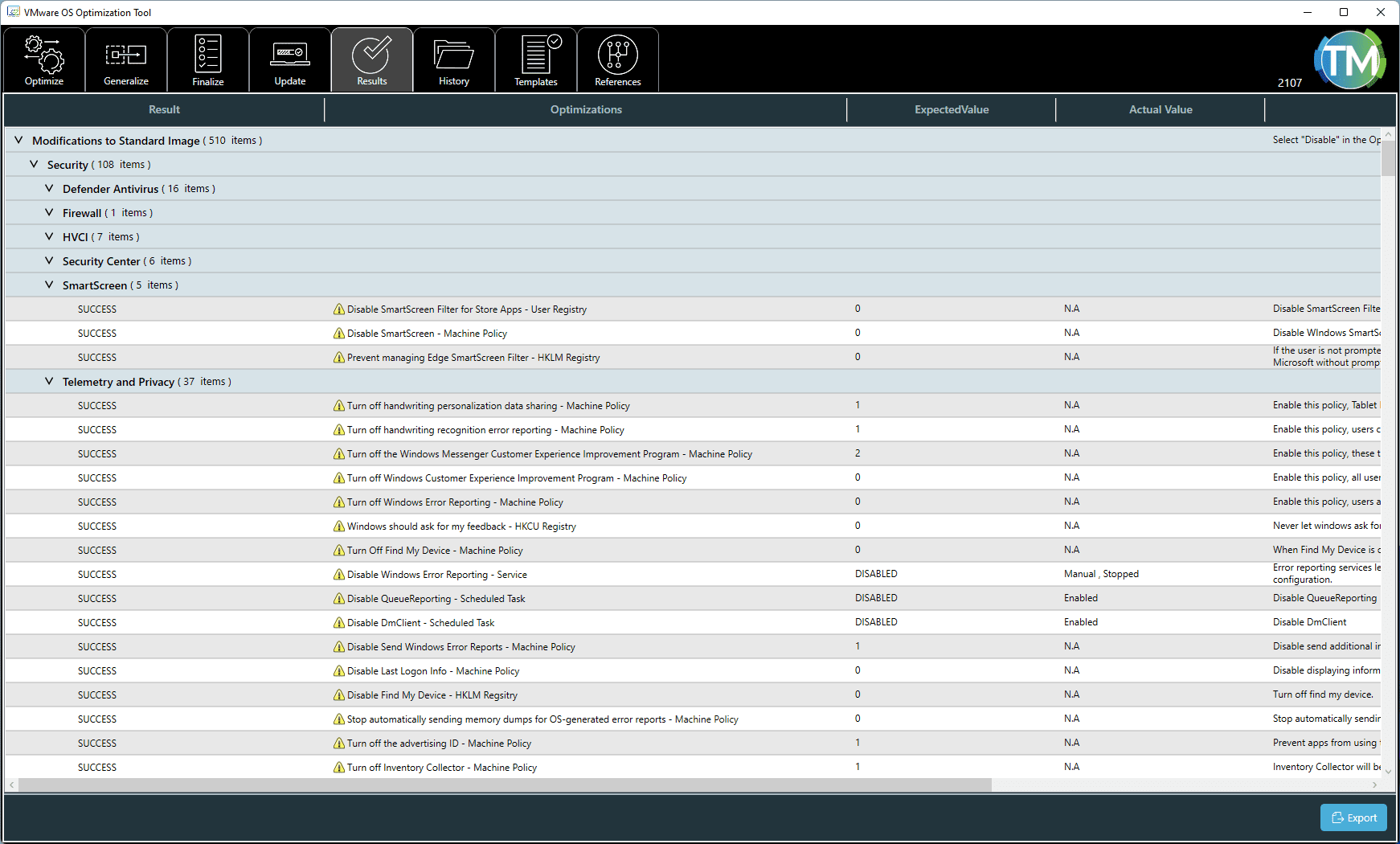 Post optimization showing changed values in Windows 11