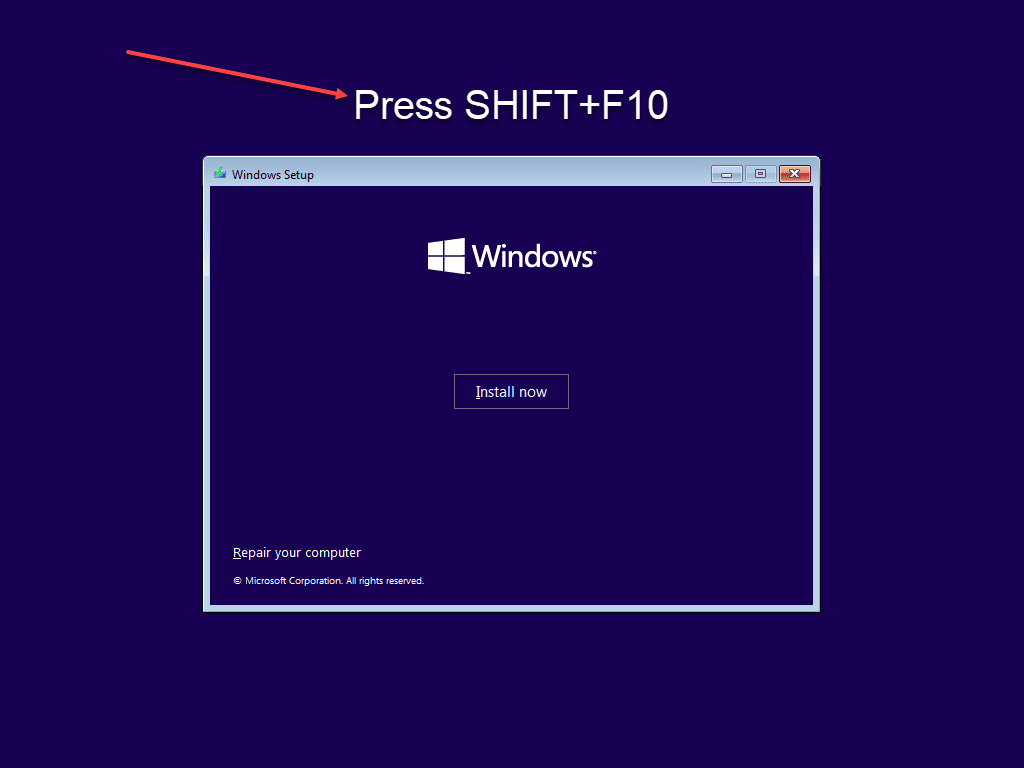 Press SHIFTF10 to get to the command prompt during setup