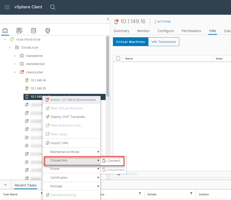 Reconnect a VMware vSAN host to vCenter Server