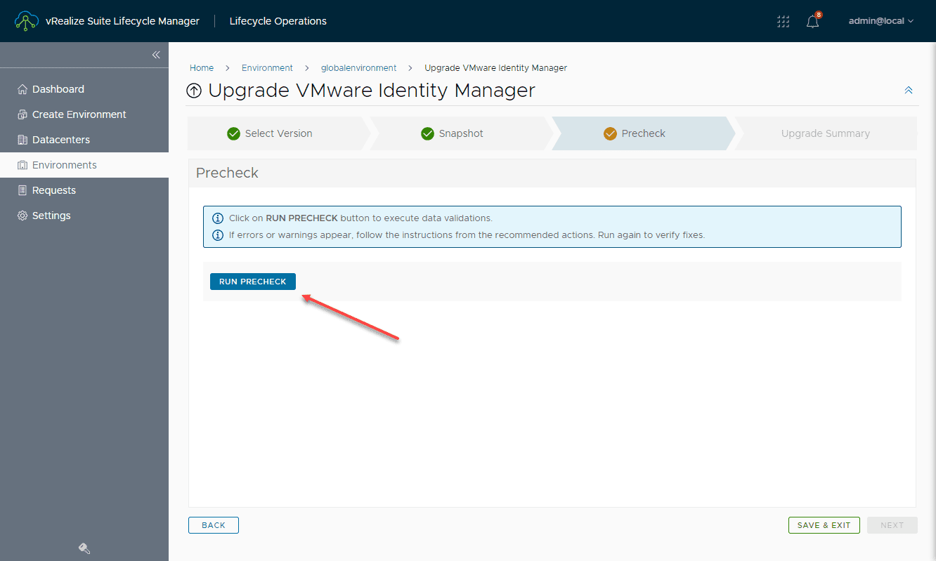 Run the precheck before upgrading VMware Identity Manager